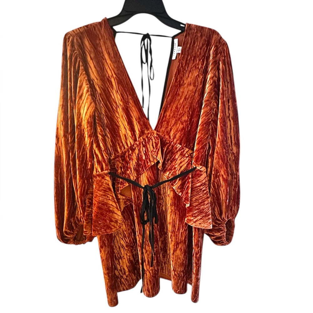 TOPSHOP DRESS MINI VELVET PEPLUM DEEP V FRONT & BACK LONG SLEEVES ORANGE 🍊